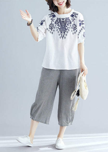 White O-neck Top and Crop Pants Two Pieces Set Summer