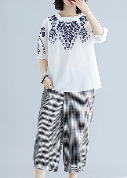 White O-neck Top and Crop Pants Two Pieces Set Summer