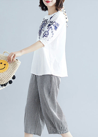 White O-neck Top and Crop Pants Two Pieces Set Summer