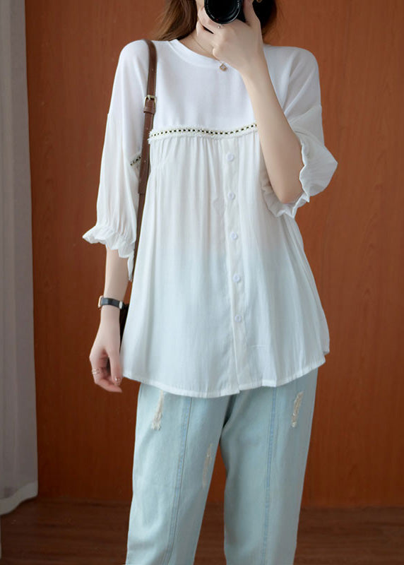 White O-neck Wrinkled Chiffon Tops Half Sleeve