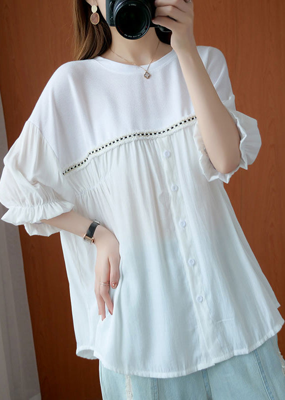 White O-neck Wrinkled Chiffon Tops Half Sleeve