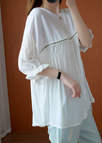 White O-neck Wrinkled Chiffon Tops Half Sleeve