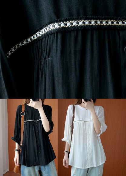 White O-neck Wrinkled Chiffon Tops Half Sleeve