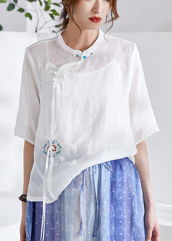 White Oriental Embroideried Summer Ramie Blouses Half Sleeve