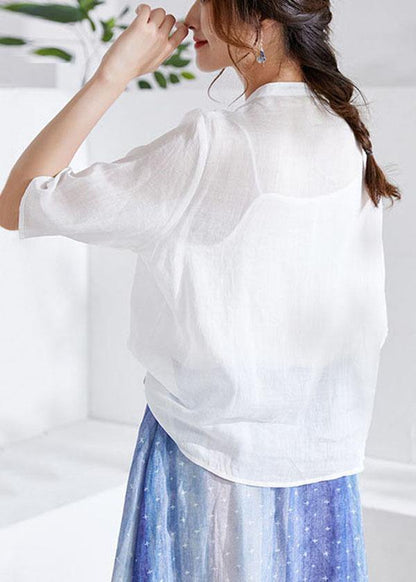 White Oriental Embroideried Summer Ramie Blouses Half Sleeve