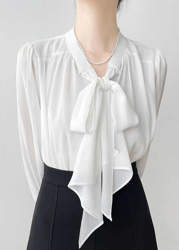 White Oversized Chiffon Shirts Bow Draping Spring