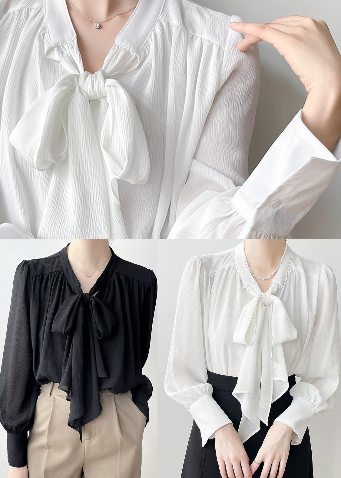 White Oversized Chiffon Shirts Bow Draping Spring