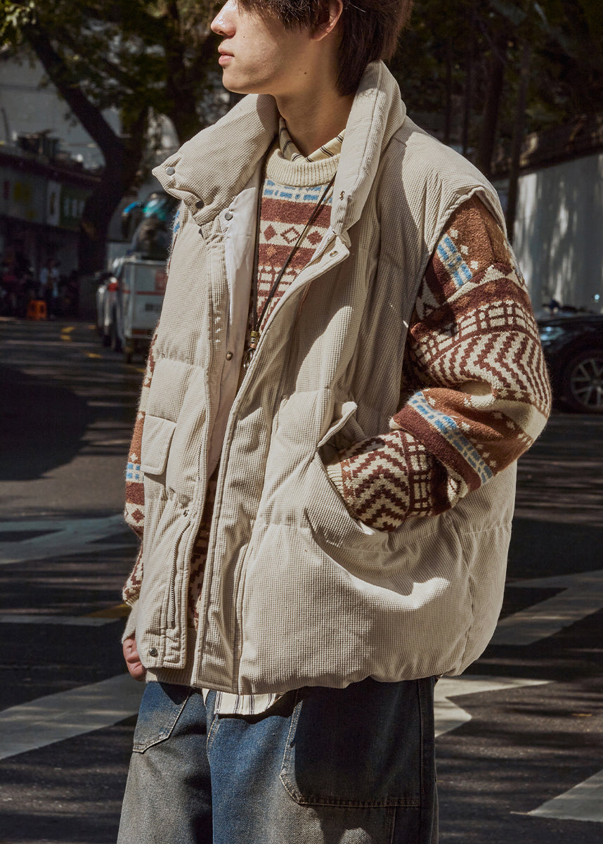 White Oversized Fine Cotton Filled Vests Zippered Winter