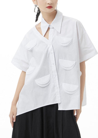 White Patchwork Blouse Tops Hollow Out Short Sleeve