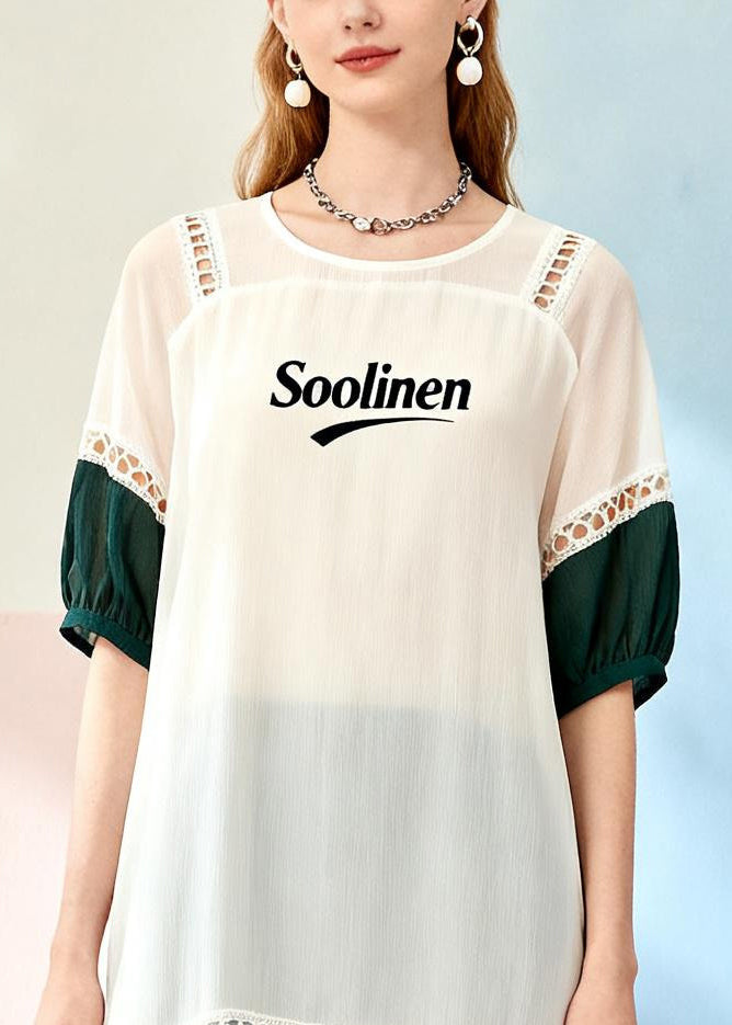 White Patchwork Chiffon Ankle Dress Hollow Out Summer