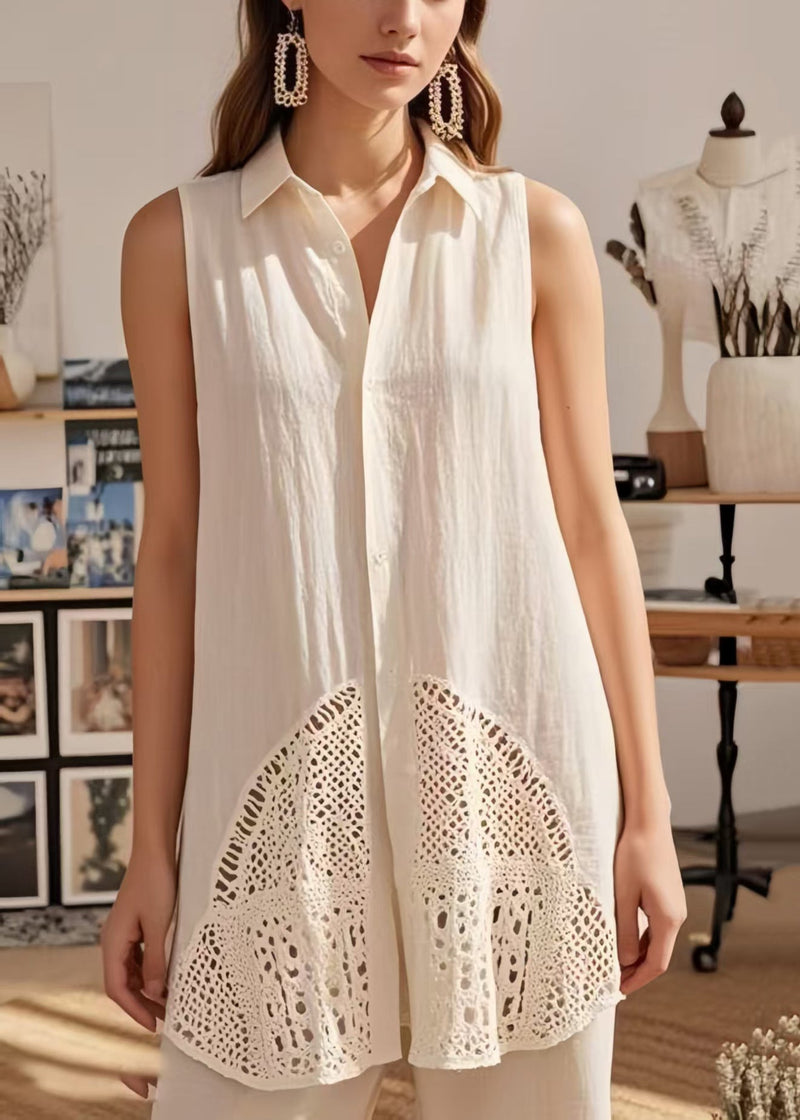 White Patchwork Cotton Blouses Peter Pan Collar Hollow Out Sleeveless