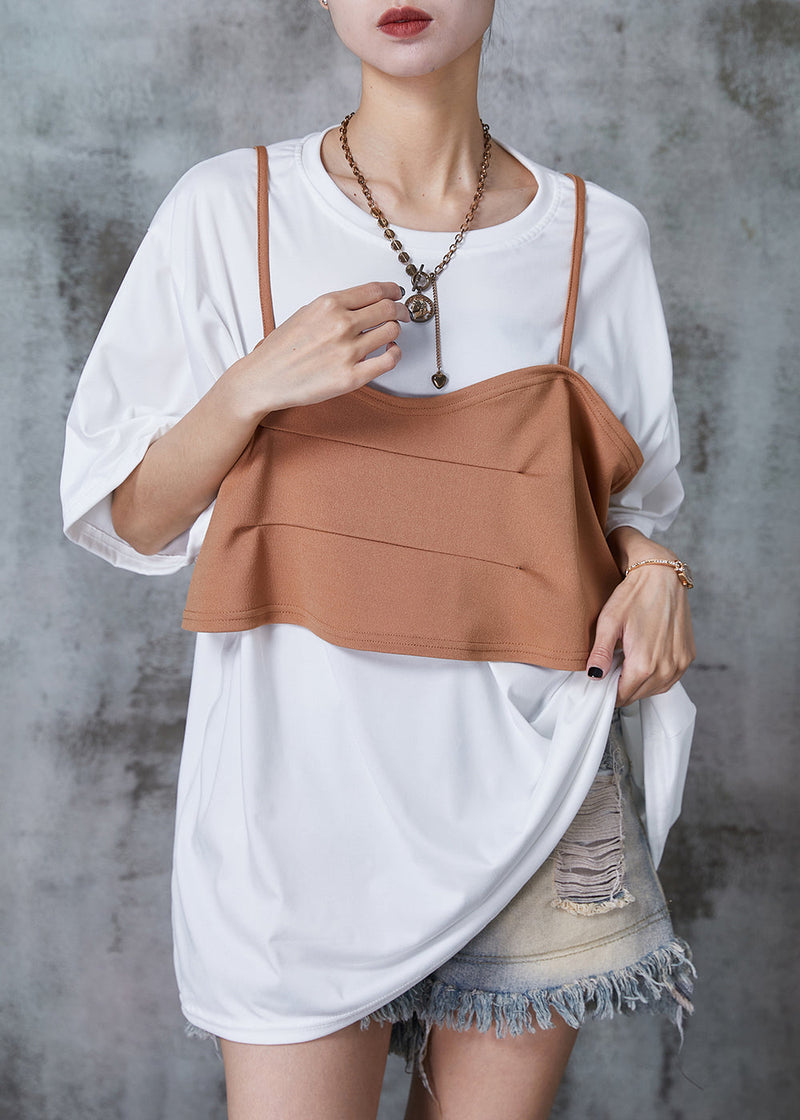White Patchwork Cotton Fake Two Piece Tank Oversized Summer