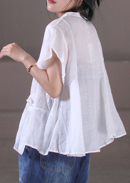 White Patchwork Cotton Linen Tanks V Neck Pockets Color Short Sleeve