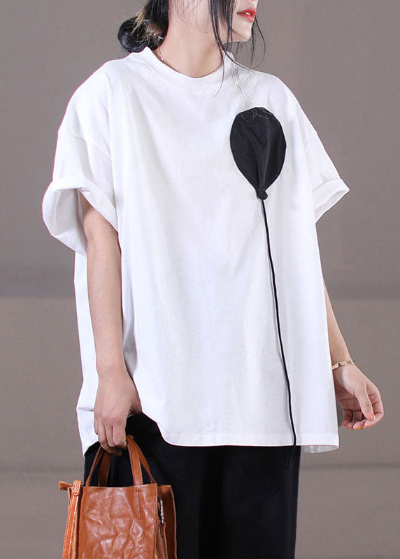 White Patchwork Cotton Original Design Tank Tops O-neck Short Sleeve