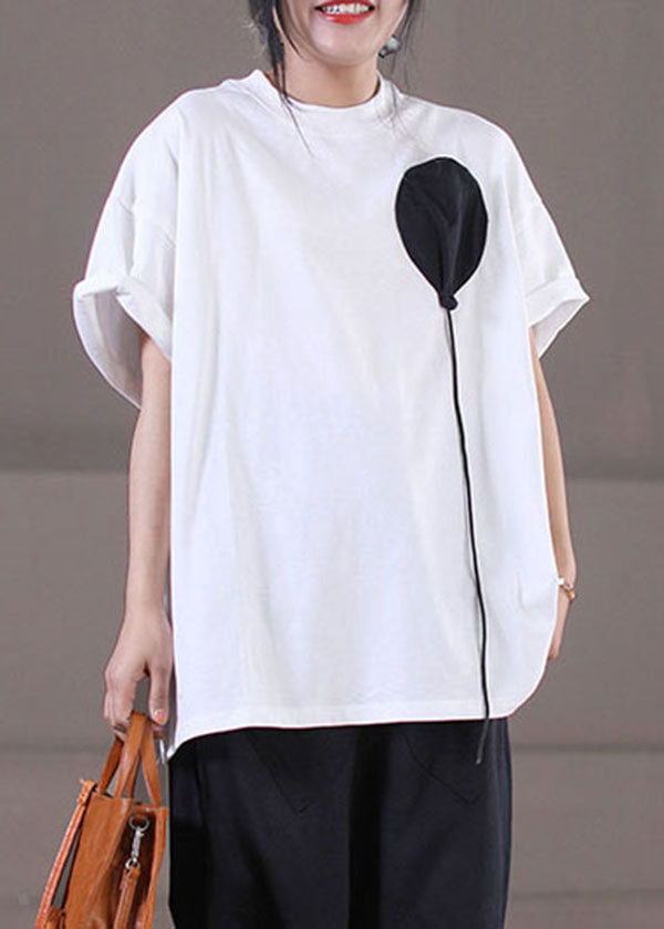 White Patchwork Cotton Original Design Tank Tops O-neck Short Sleeve