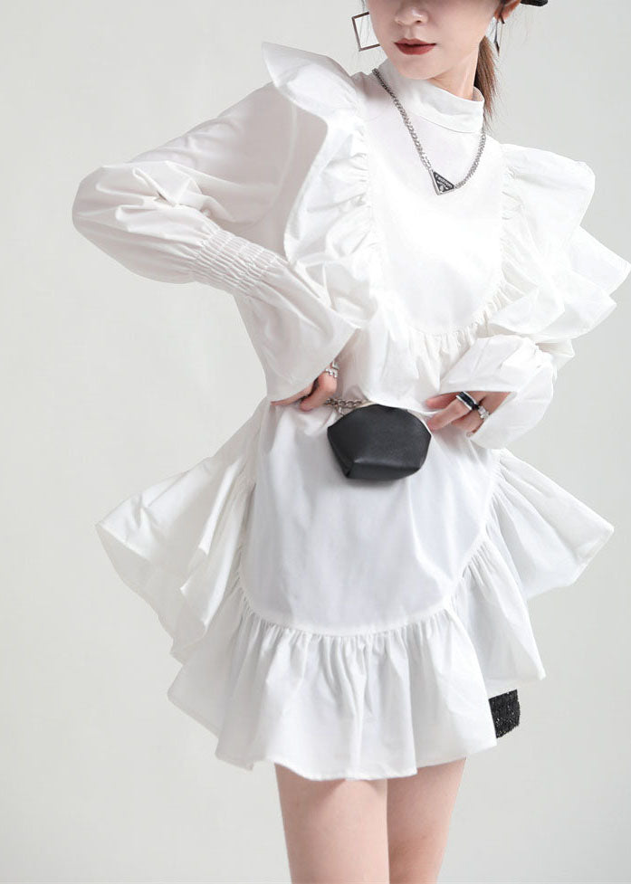 White Patchwork Cotton Shirt Top Ruffled Color Fall
