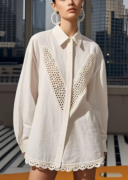 White Patchwork Cotton Shirts Hollow Out Spring