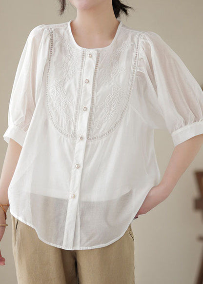White Patchwork Cotton Top Embroideried O-neck Wrinkled Summer