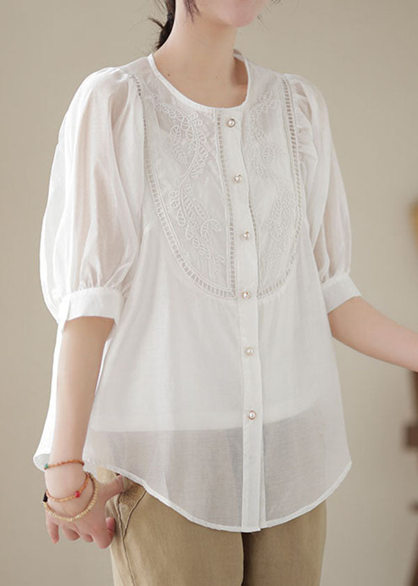 White Patchwork Cotton Top Embroideried O-neck Wrinkled Summer
