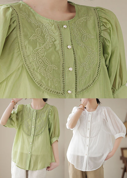 White Patchwork Cotton Top Embroideried O-neck Wrinkled Summer