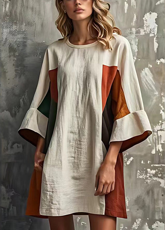 White Patchwork Cotton Vacation Dresses O-neck Flare Sleeve