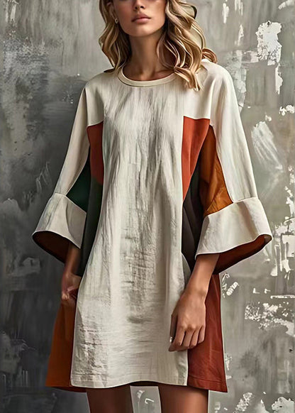 White Patchwork Cotton Vacation Dresses O-neck Flare Sleeve