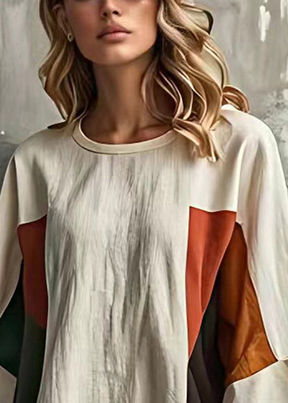 White Patchwork Cotton Vacation Dresses O-neck Flare Sleeve