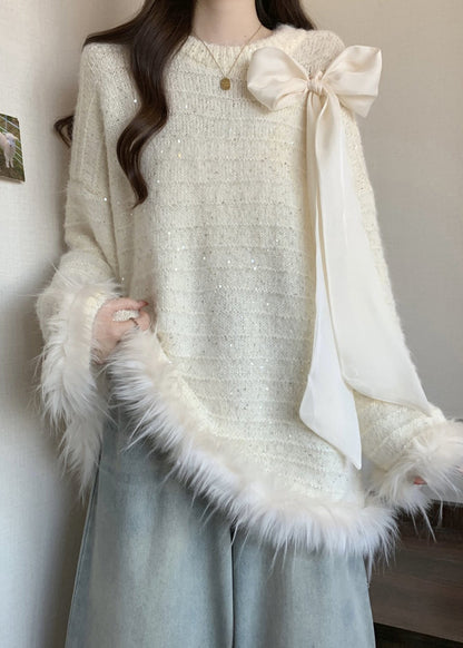 White Patchwork Faux Fur Knit Sweaters Oversized Fall