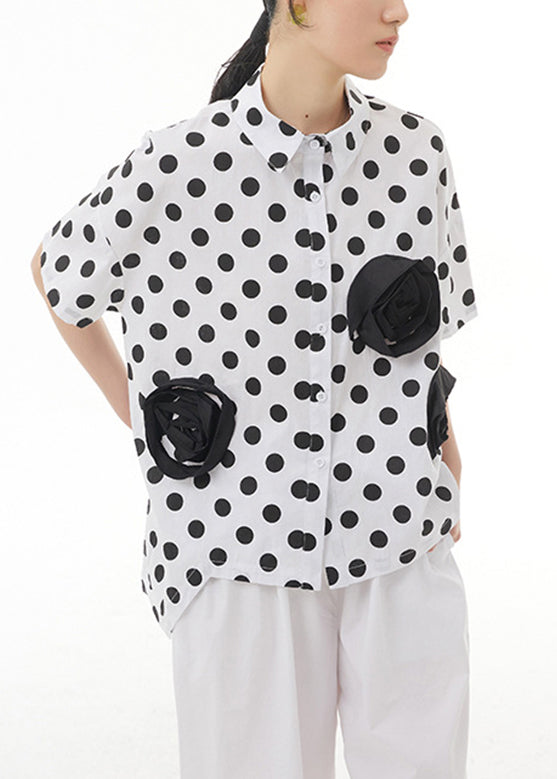 White Patchwork Button Cotton Top Short Sleeve