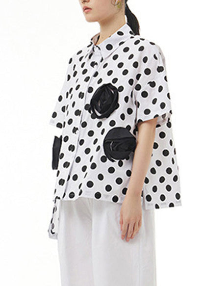 White Patchwork Button Cotton Top Short Sleeve