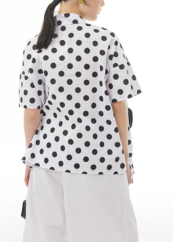 White Patchwork Button Cotton Top Short Sleeve