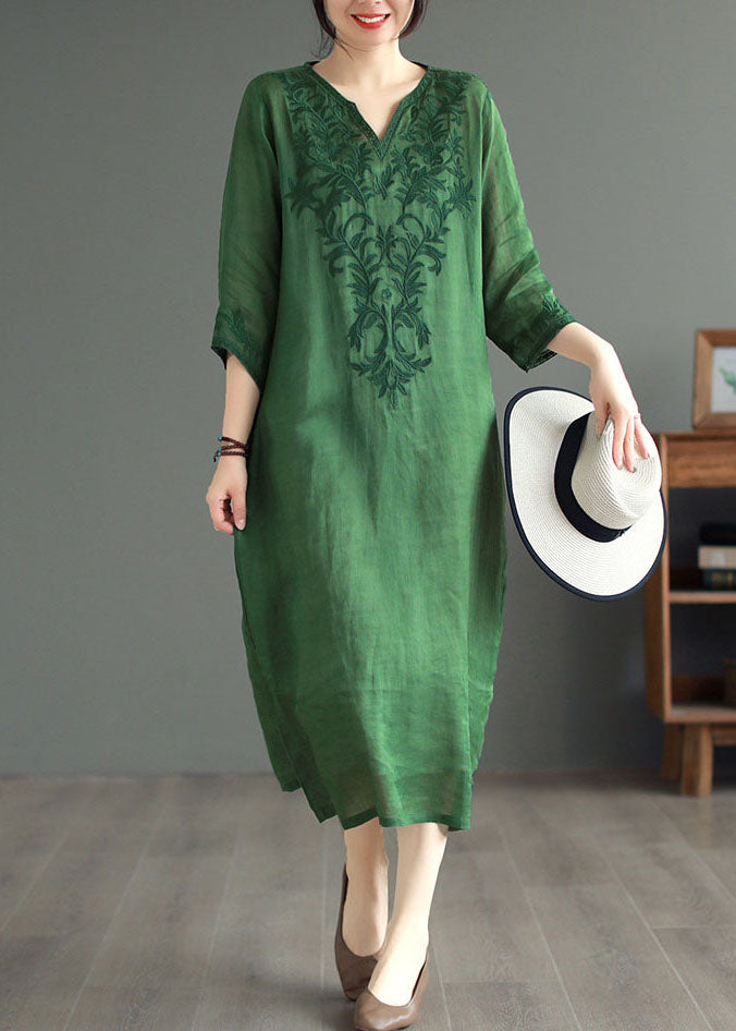 Black Geometry Patchwork Linen Dresses V Neck Embroidered Bracelet Sleeve