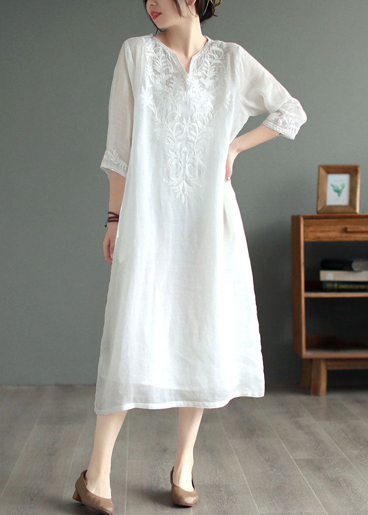 White Geometry Patchwork Linen Dresses V Neck Embroidered Bracelet Sleeve