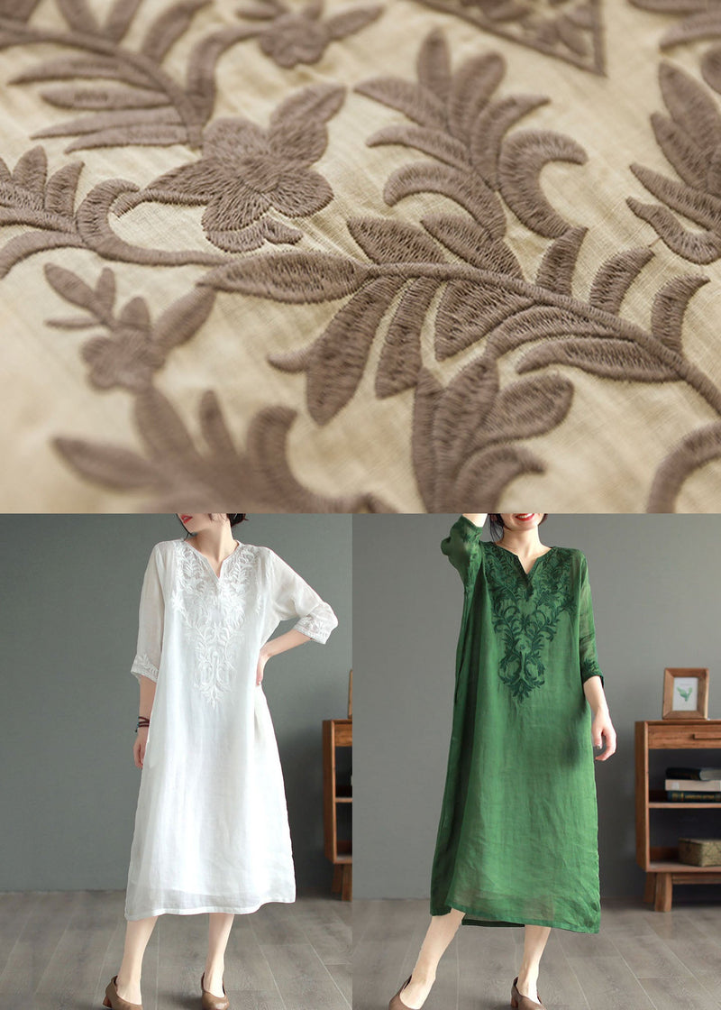 White Geometry Patchwork Linen Dresses V Neck Embroidered Bracelet Sleeve