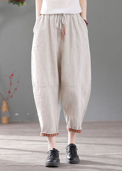 White Patchwork Linen Harem Pants Elastic Waist Drawstring Fall