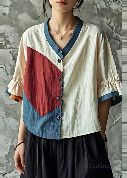 White Patchwork Linen Shirt Tops Wrinkled Summer