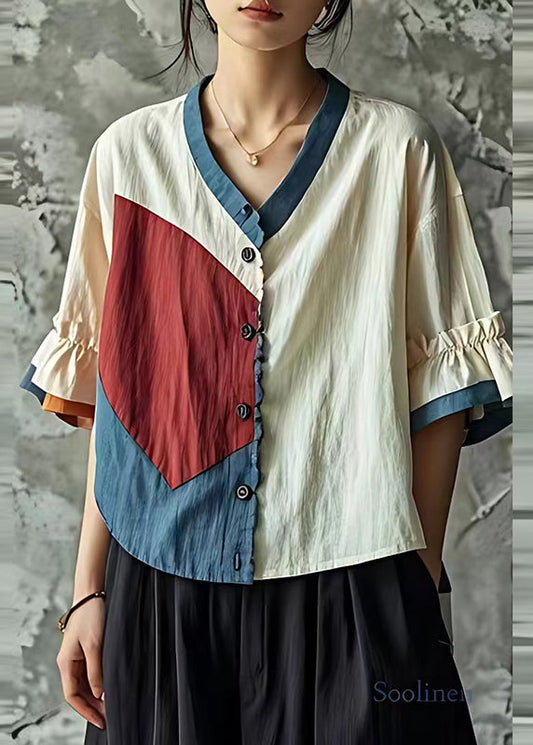 White Patchwork Linen Shirt Tops Wrinkled Summer