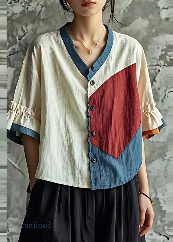 White Patchwork Linen Shirt Tops Wrinkled Summer