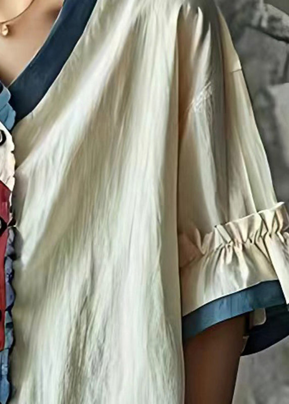 White Patchwork Linen Shirt Tops Wrinkled Summer