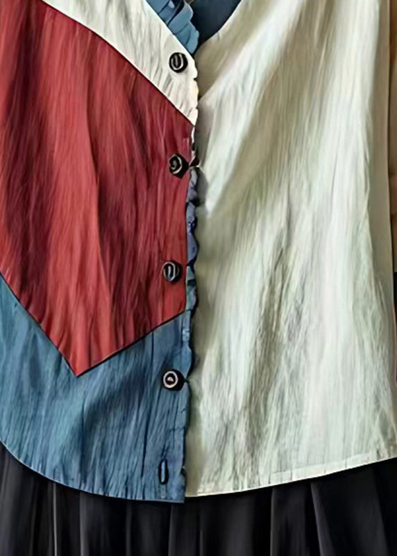 White Patchwork Linen Shirt Tops Wrinkled Summer