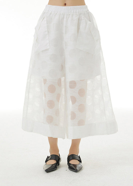 White Patchwork Tulle Wide Leg Pants Oversized Hollow Out Summer