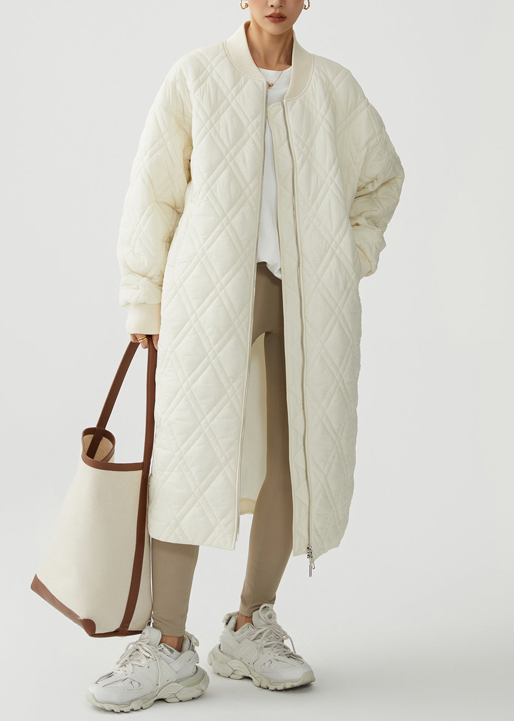 White Plaid Pockets Cotton Filled Winter Parka Stand Collar