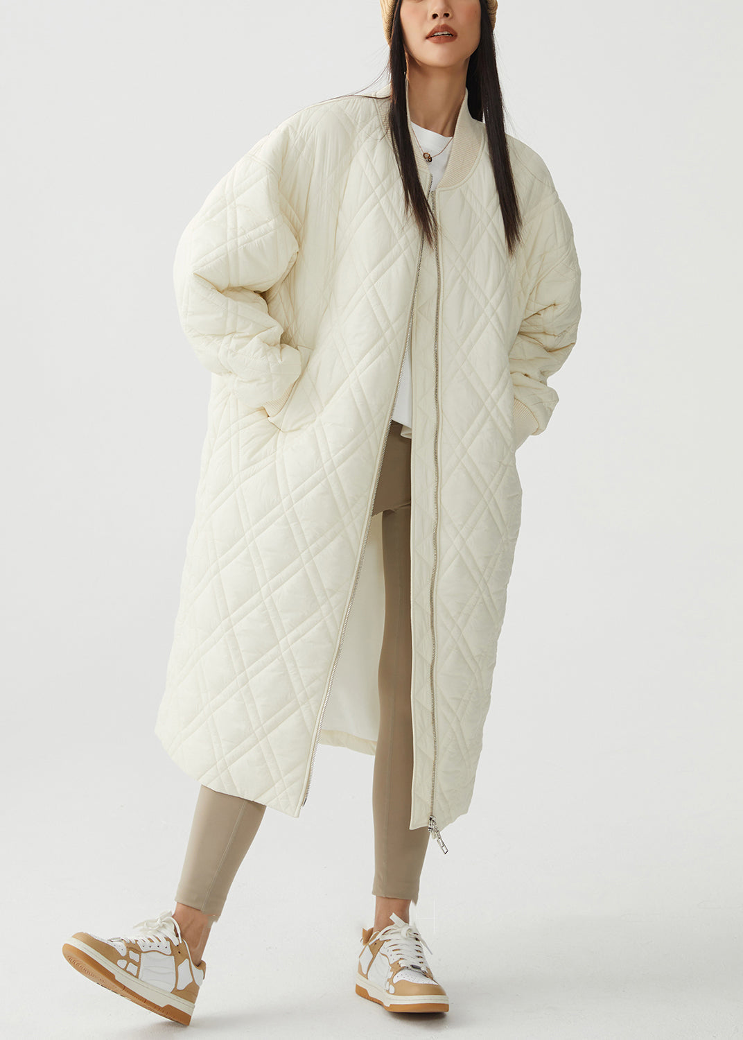 White Plaid Pockets Cotton Filled Winter Parka Stand Collar