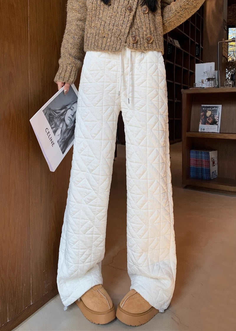 White Pockets Elastic Waist Warm Fleece Pants Plaid