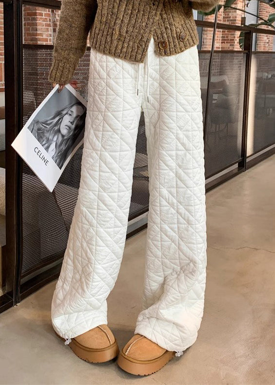 White Pockets Elastic Waist Warm Fleece Pants Plaid