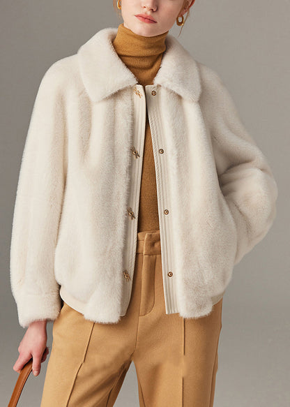 White Pockets Faux Leather Patchwork Mink Hair Coat Peter Pan Collar