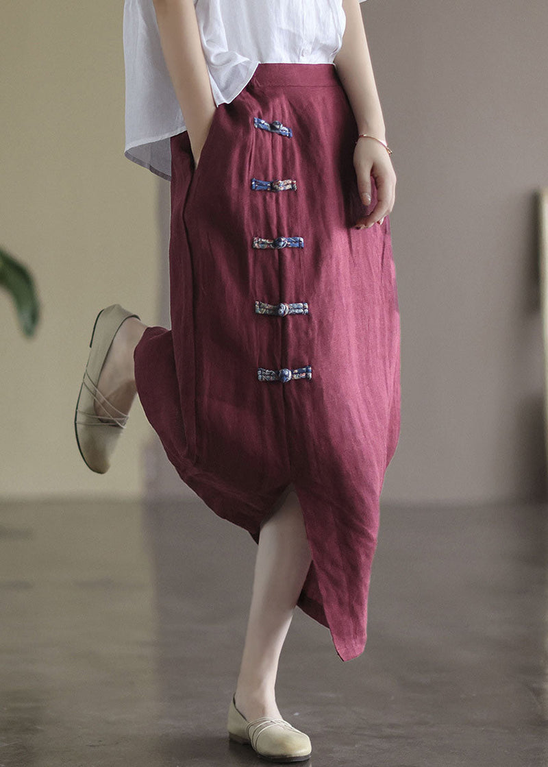 White Pockets Linen a Line Skirts High Waist Oriental Button Summer