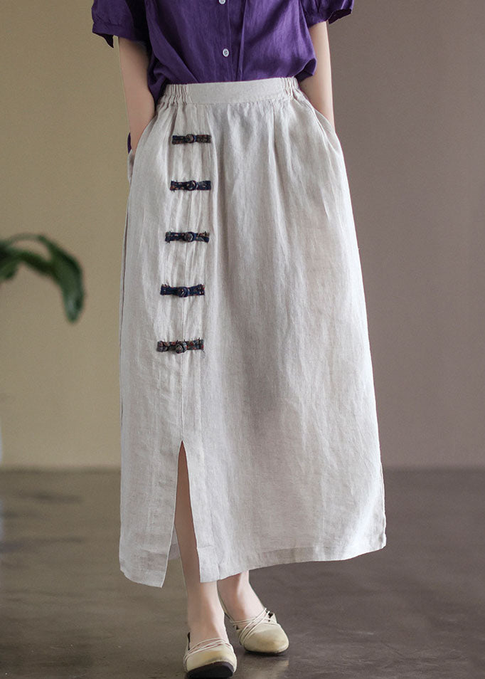 White Pockets Linen a Line Skirts High Waist Oriental Button Summer