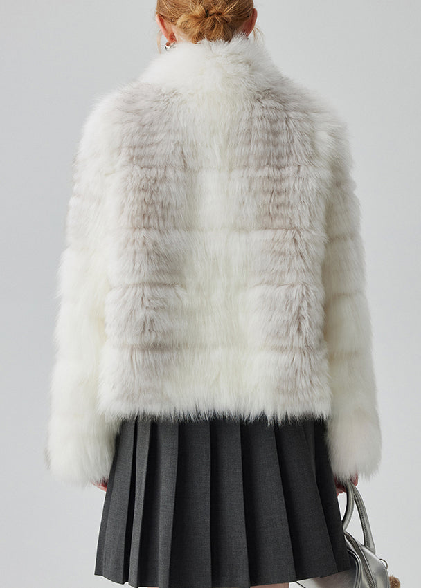 White Pockets Original Design Leather and Fur Coat Stand Collar