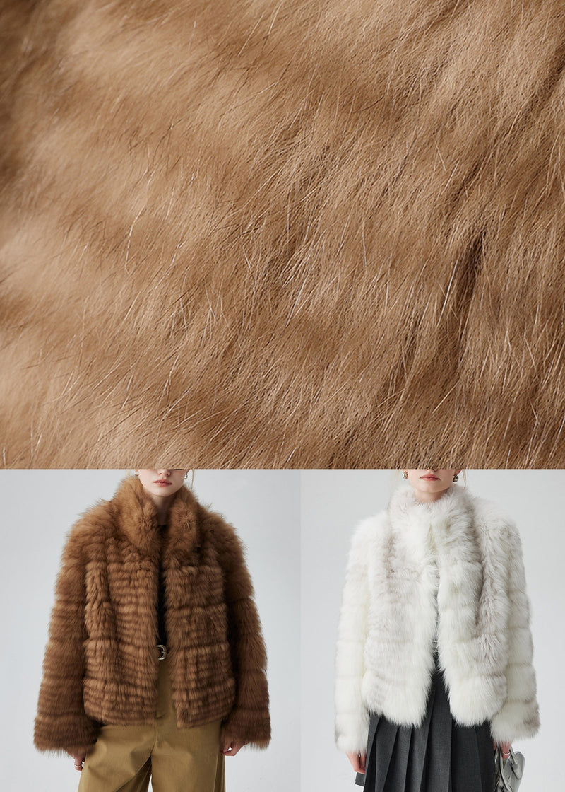 White Pockets Original Design Leather and Fur Coat Stand Collar